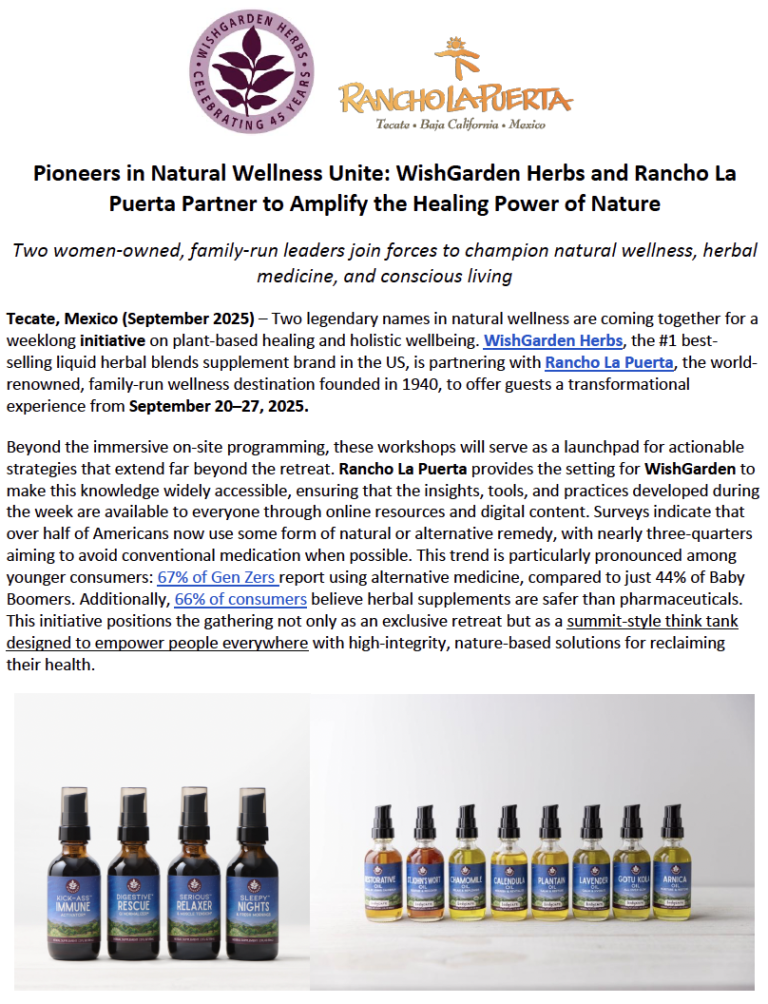 Pioneers in Natural Wellness Unite: WishGarden Herbs and Rancho La Puerta Partner to Amplify the Healing Power of Nature